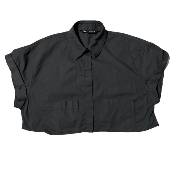 Zara Women’s S Cropped Button Down Cuffed Sleeves Pockets Collared Classic Shirt - Picture 1 of 10
